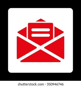 Open Mail vector icon. Style is flat rounded square button, red and white colors, black background.