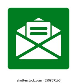 Open Mail vector icon. Style is flat rounded square button, white and green colors, white background.