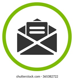 Open Mail vector icon. Style is bicolor flat circled symbol, eco green and gray colors, rounded angles, white background.