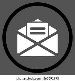 Open Mail vector icon. Style is bicolor flat circled symbol, black and white colors, rounded angles, gray background.