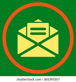 Open Mail vector icon. Style is bicolor flat circled symbol, orange and yellow colors, rounded angles, green background.
