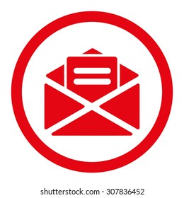 Open mail vector icon. This rounded flat symbol is drawn with red color on a white background.