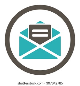 Open mail vector icon. This rounded flat symbol is drawn with grey and cyan colors on a white background.