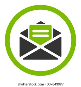 Open mail vector icon. This rounded flat symbol is drawn with eco green and gray colors on a white background.