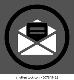Open mail vector icon. This rounded flat symbol is drawn with black and white colors on a gray background.