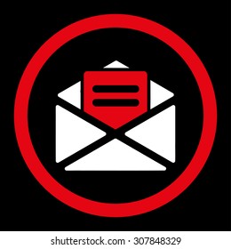 Open mail vector icon. This rounded flat symbol is drawn with red and white colors on a black background.