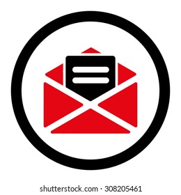 Open mail vector icon. This rounded flat symbol is drawn with intensive red and black colors on a white background.
