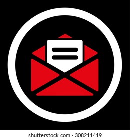 Open mail vector icon. This rounded flat symbol is drawn with red and white colors on a black background.