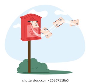 Open mailbox with envelopes of letters flying out. Postage box. Correspondence delivery. Send and receive paper mails. Outdoor letterbox. Post messages communication. Postbox address. Vector concept