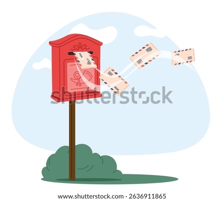 Open mailbox with envelopes of letters flying out. Postage box. Correspondence delivery. Send and receive paper mails. Outdoor letterbox. Post messages communication. Postbox address. Vector concept