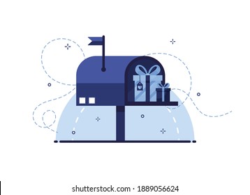 Abre el buzón con regalos. Entrega y envío de regalos para las vacaciones por correo. Post Azul. Diseño plano. Sobre fondo blanco. Eps 10