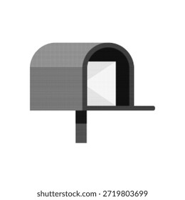 Abra el buzón en estilo de semitono. Ilustración retro en blanco y negro de la caja de correo postal con ranura vacía. Comunicación, entrega, mensaje y concepto de notificación aislado sobre fondo blanco.