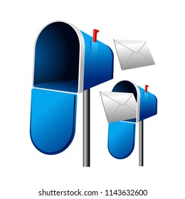 Open mailbox with letter on post - blue letterbox with envelope
