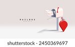 An open mailbox with letters, a navigation icon, and a bird, 3D. For postal service concepts, business, news, correspondence, and important government documents. Vector illustration