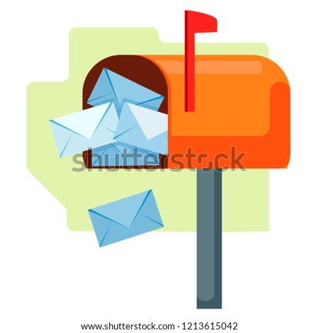 Open mailbox with letters. Overfilled, envelopes are emptying out. Flat object. Vector illustration in cartoon childish style. Isolated funny clipart on a white background. Cute print