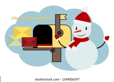 Open mailbox with mail and a colorful snowman. Vector illustration with merry christmas greeting.