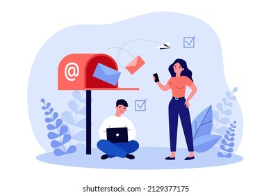 Open Mailbox And Tiny Business Characters With Laptop And Phone. Man And Woman Getting Messages Or Letters Online Flat Vector Illustration. Communication, Mail, Newsletter Concept For Banner