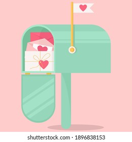 An open mailbox with valentines. Vector greeting card, Valentine's Day greeting card. Pink background. Romantic design