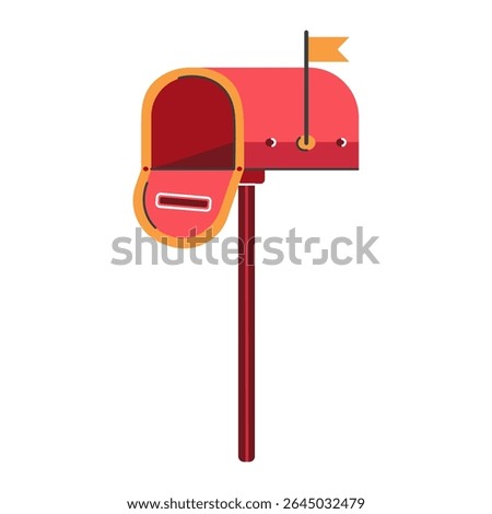 Open mailbox, vector icon. Red post box for sending, receiving letters, documents. Mail container stands on a pillar with a raised flag. Metal letterbox. Hand drawn doodle, flat cartoon illustration