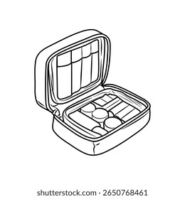 Bolsa de maquillaje abierta con cosméticos y aplicadores en el interior, ilustrada en un estilo simple Perfecto para la belleza y el diseño de moda.