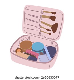 Open makeup bag is filled with brushes and various cosmetics for beauty and personal care, suggesting daily routine Use for illustrating beauty products and accessories.