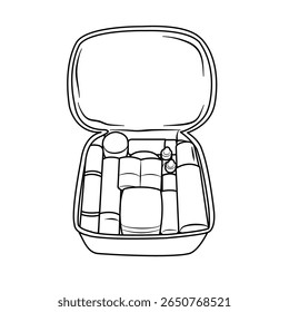 Open makeup bag is filled with brushes and various cosmetics for beauty and personal care, suggesting daily routine Use for illustrating beauty products and accessories.