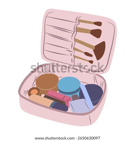 Open makeup bag is filled with brushes and various cosmetics for beauty and personal care, suggesting daily routine Use for illustrating beauty products and accessories.