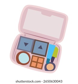 Abre paleta de maquiagem preenchida com sombras coloridas dos olhos, tubos e escovas fornece uma opção organizador elegante Ideal para beleza e ilustrações da moda