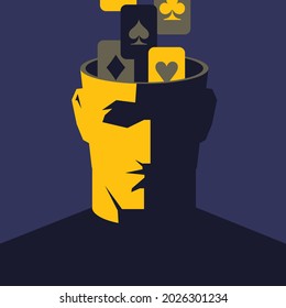 Open male head with falling playing cards. Gambling addiction concept. Clipping mask used.