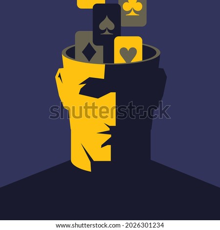 Open male head with falling playing cards. Gambling addiction concept. Clipping mask used.