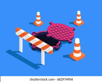 Open man hole fenced of road cone and sign, concept of communal work