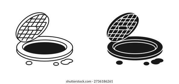 Open manhole icon set, symbolizing urban infrastructure, drainage systems, and underground access, vector illustration.