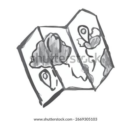 Open Map with Route. Roughly hand drawn ink. Travel Path, adventure trail, camping plan. Navigation and Direction. Black and white Doodle sketch. Road, way. Pin icon. Isolated. Vector illustration.