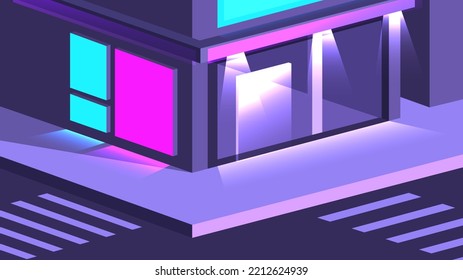 Open market on the corner of a city building near the road. Night shop with illuminated empty signs.