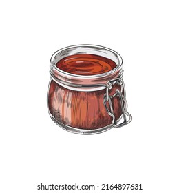 Open Mason Jar With Tomato Or BBQ Sauce, Sketch Vector Illustration Isolated On White Background. Hand Drawn Homemade Ketchup Dip. Sauce In Glass Jar, Great For Menu Design.