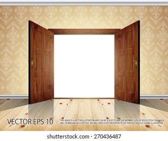 Open massive wooden big double door; wallpaper with decorative white moldings - vector background