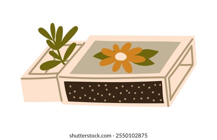 Una caja de fósforos abierta con un patrón de flores dentro de una rama verde. Una caja abierta de fósforos. Ilustración vectorial en un estilo plano sobre blanco. Herbario, flores secas, almacenamiento. Para el diseño e Internet