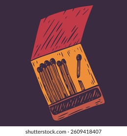 Open matchbox with one broken matchstick in pastel color. Vector art illustration in vintage style 70s or 60s for print.