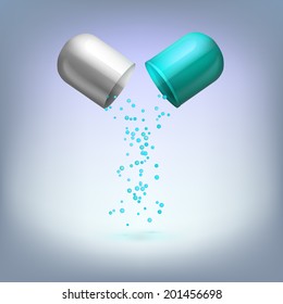Open medical capsule with drop-down granules, vector illustrations.