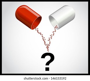 Open medical capsule and a question mark