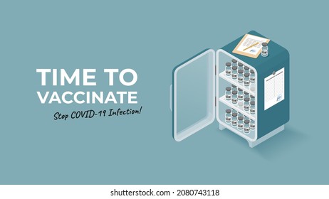 Open Medical Refrigerator Storage With Shelves Full Of Covid Vaccine Bottles Isometric 3d Vector Illustration. Time To Vaccinate Horizontal Web Banner Poster. Laboratory Equipment Hospital Stuff.