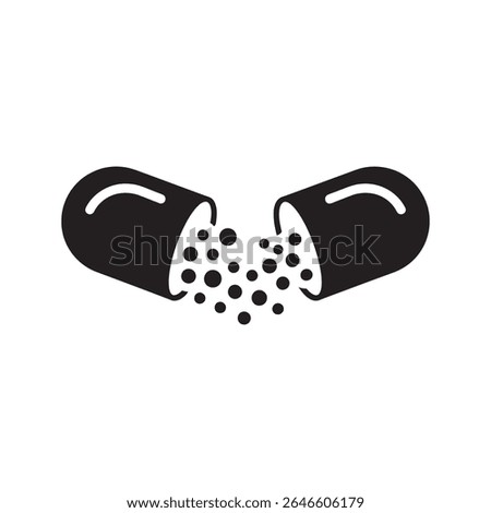 Open medication capsule glyph icon showing powder spill for drug dosage and pharmaceutical ingredient content vector illustration vector solid glyph icon