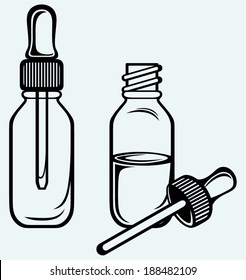 Open Medicine Bottle With A Dropper. Isolated On Blue Background