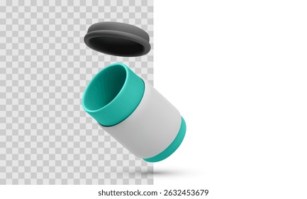 Open Medicine Bottle With Flying Cap On Transparent And White Background. Clean 3D Style For Pharmaceutical, Packaging Or Healthcare Design. Modern Minimal Medical Object. Vector Illustration.