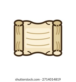 Papel de rollo medieval abierto con superficie de pergamino en blanco, bordes enrollados estilizados, ilustración de diseño plano adecuada para uso histórico, fantástico y decorativo.