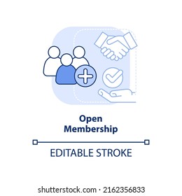 Open Membership Light Blue Concept Icon. Cooperative Society Advantage Abstract Idea Thin Line Illustration. Recruitment. Isolated Outline Drawing. Editable Stroke. Arial, Myriad Pro-Bold Fonts Used