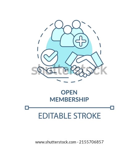 Open membership turquoise concept icon. Cooperative society advantage abstract idea thin line illustration. Recruitment. Isolated outline drawing. Editable stroke. Arial, Myriad Pro-Bold fonts used