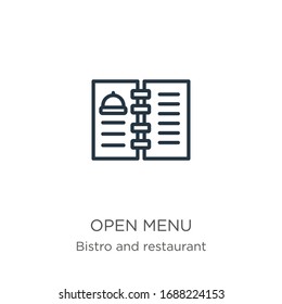 Open menu icon. Thin linear open menu outline icon isolated on white background from bistro and restaurant collection. Line vector sign, symbol for web and mobile