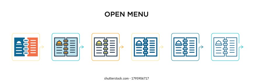 Icono de vector de menú abierto en 6 estilos modernos diferentes. Iconos de menú abierto negros, de dos colores, diseñados con un estilo relleno, contorno, línea y trazo. La ilustración vectorial se puede usar para web, móvil, ui