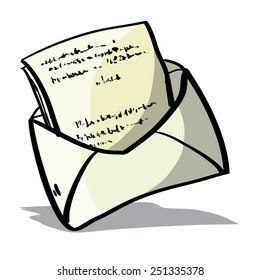 The open message. A children's sketch. Mail with a paper. The letter in an envelope. Color image.